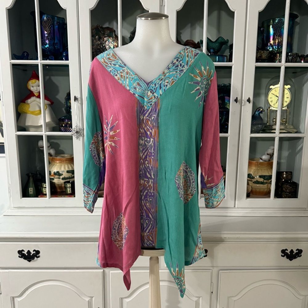 Soft Surroundings Pastel Green and Mauve Mystik Balik Tunic Top Size PS